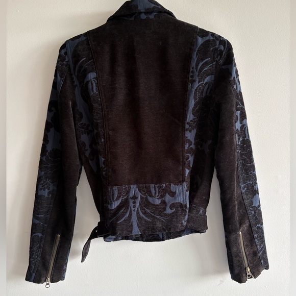 Geisha Denim Damask Moto Jacket Size S Blue Black Belted Biker Jacket - Picture 9 of 10